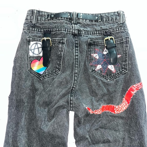 Punk’s Not Dead Grunge Jeans with Chains Embellished Patches Handmade Crust Goth - Picture 12 of 12
